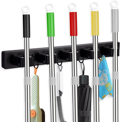 Broom Holder Wall Mount With 5 Slots & 4 Hooks，Rustic Wood Broom & Mop - Image 8