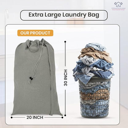 LFH Home Cotton Canvas Large Laundry Bag with Handle, Heavy Duty Drawstring Closure Washable Laundry Bags, School Travel, Home, Hotel, College Dorm, Organizer Sack, Toys Clothes 20x30-Grey