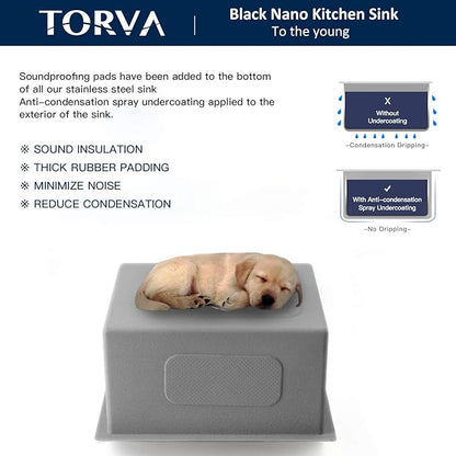 TORVA 14 x 14 Inch Gloss Black Undermount Kitchen Sink, PVD Coated Gunmetal Sink，16 Gauge T-304 Stainless Steel Single Bowl Wet Bar or Prep Sink with Zero-Radius Corners, Dark Grey