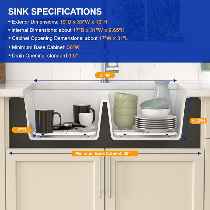 Dcolora 33 Inch Double Bowl Undermount Kitchen Sink White Deep Double Basin Prep Sink 50/50 Split Granite Composite 33"×19"×10“,#DC-GU001W