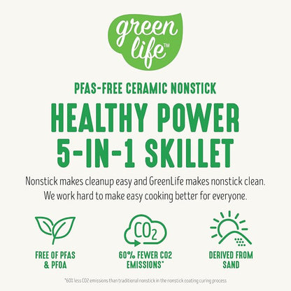 GreenLife 12" 5QT Square Electric Skillet, Glass Vented Lid, Ceramic PFAS-Free - Image 8