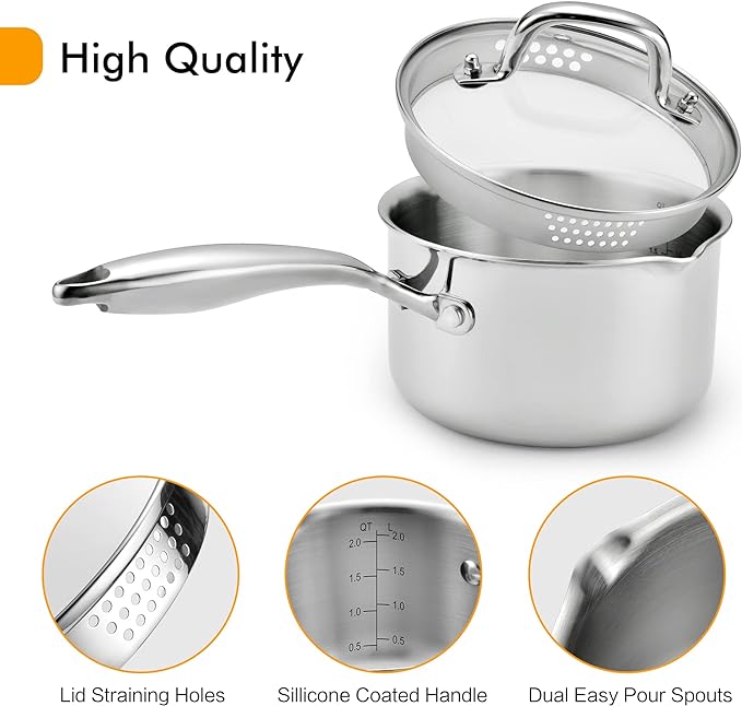 Cyrosa 2.0 Quart Saucepan with Lid, Stainless Steel Sauce Pot with Strainer Lid - Image 4