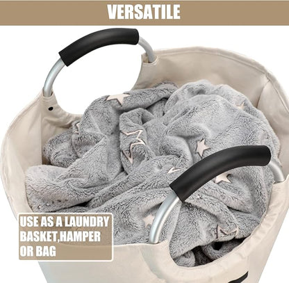 DOKEHOM 90L Large Laundry Basket, Collapsible Laundry Bag, Freestanding Tall Clothes Hamper, Foldable Washing Bin (Beige)