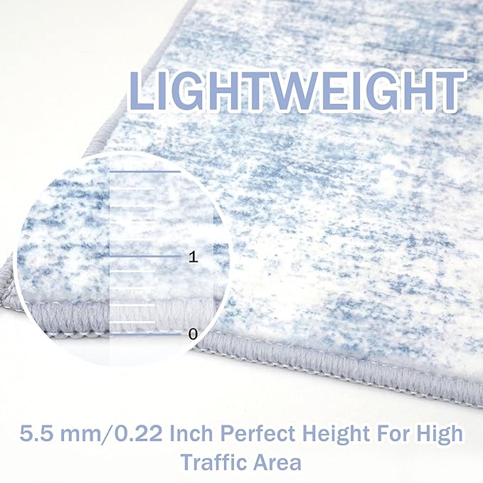 IOHOUZE Abstract Area Rugs 8x10 Ft Washable Large Rugs for Living Room, Non Slip Dining Room Rug, Printed Faux Wool Rugs for Bedroom, Floor Carpet for Office Nursery Playroom, Light Blue White