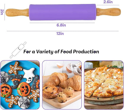 Koogel Rolling Pin for Baking, 12 Inch Non-Stick Silicone Surface, Wooden - Image 2