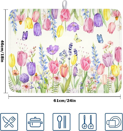 Spring Floral Dish Drying Mat for Kitchen Counter Easter Tulip Lavender Flower - Image 2