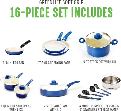 GreenLife 16 Piece Nonstick Cookware Set, Soft Grip Non-Toxic PFAS-Free Ceramic - Image 3