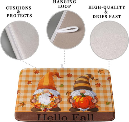 Hello Fall Autumn Gnomes Dish Drying Mat 18x24 Thanksgiving Pumpkin Maple - Image 3