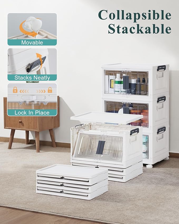 OlarHike 23QT Stackable Storage Bins with Lids - Folding Storage Box with Doors and Wheels, Collapsible Plastic Storage Bins for Closets and Organization, 3 Pack Cubes