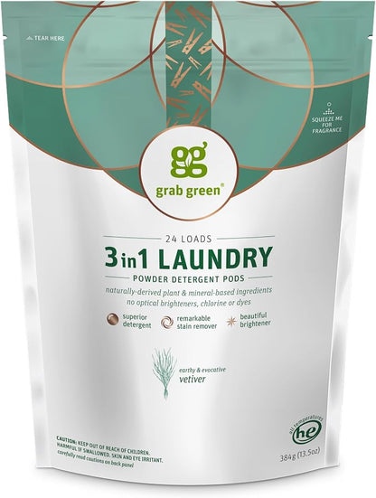 Grab Green 3-in-1 Laundry Detergent Pods, Vetiver Scent, Plant and Mineral Based by GrabGreen