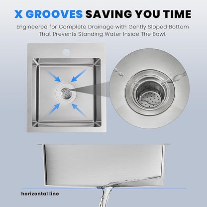 POPFLY 15 Inch Wet Bar Drop In Sink, SUS 304 Stainless Steel Topmount Sinks Handmade Single Bowl 18 Gauge Kitchen Small Outdoor Rv Sink, Brushed Nickel (15×17×8)