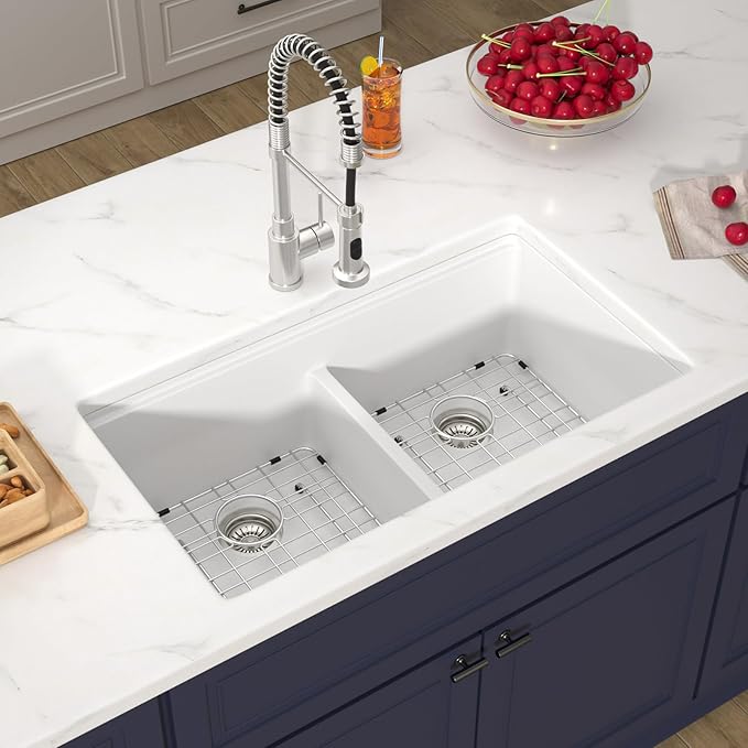 33 Inch Undermount White Granite Composite Kitchen Sink Under Counter Quartz Single Bowl Sink Workstation Sinks with Accessories Quick Drain Noise Reduction Home Renovation Classic Style