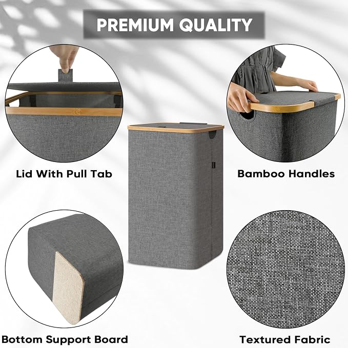 BALEINE Laundry Hamper with Lid, Tall Laundry Baskets with Bamboo Pull Handles - Image 2