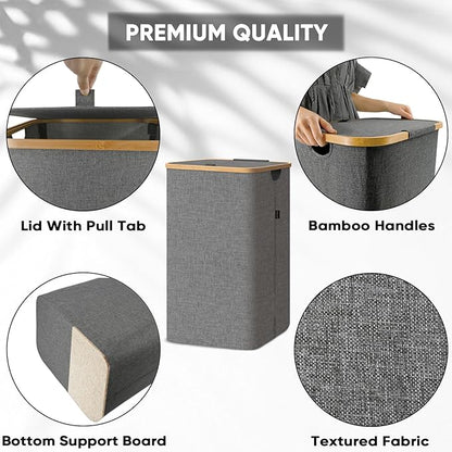BALEINE Laundry Hamper with Lid, Tall Laundry Baskets with Bamboo Pull Handles - Image 3
