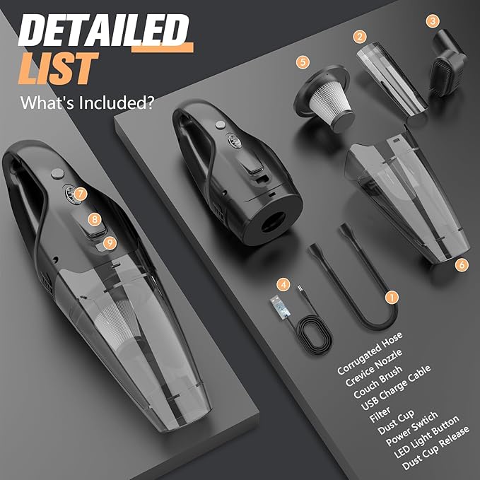 Handheld Vacuum Cordless Rechargeable with LED Light, Car Vacuum Portable Cordless, Hand Vacuum Cleaner Car Seats, Home, Quick Cleanup, Strong Suction, Lightweight, Includes Crevice Nozzle & Brush