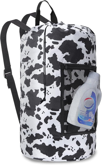 Femuar Laundry Bag Backpack Durable Laundry Bag with Shoulder Straps and Mesh Pockets Portable Laundry Dirty Clothes Hamper Bag for College Dorm (Cow Print)