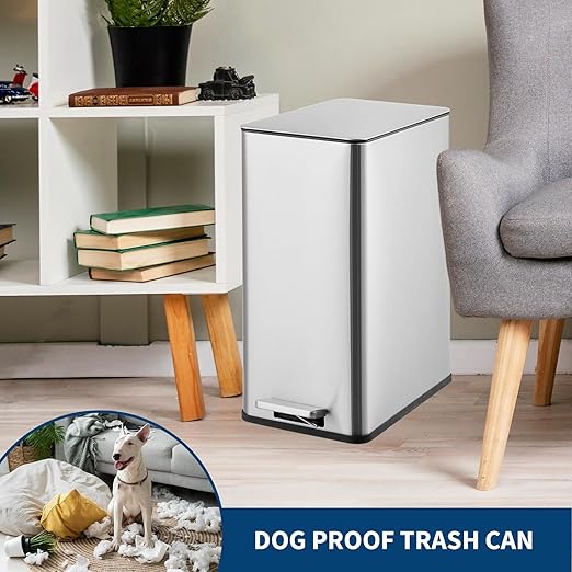 GarveeHome 4 Gallon Step Trash Can, 15 Liter Stainless Steel Rubbish Bin with Removable Inner Bucket, Rectangle Slim Garbage Can with Soft-Close Lid for Bathroom, Living Room, Office, Silver