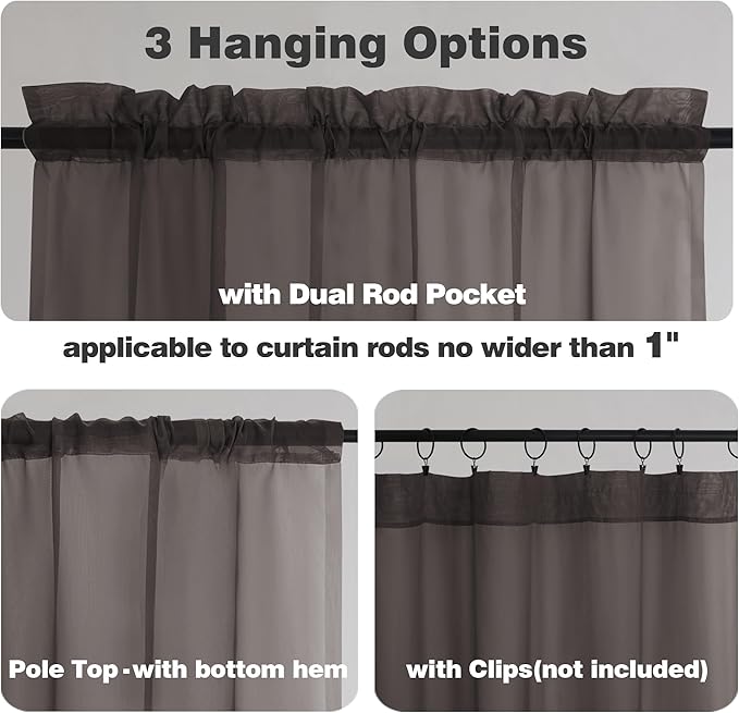 Chyhomenyc Chocolate Brown Sheer Curtains 54 Inch Long 2 Panels, Light Filtering Rod Pocket Voile Short Curtains Drapes for Living Room Bedroom Small Windows, 42Wx45L Inches