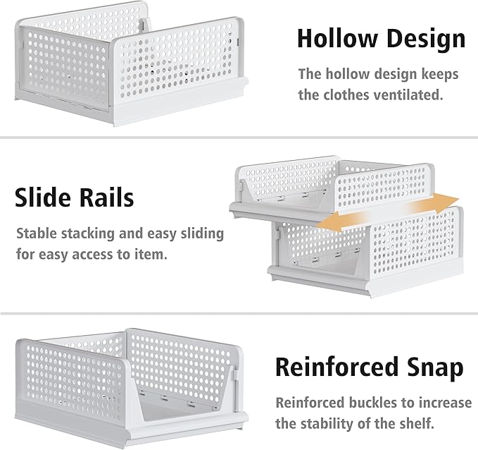 Proarea 4 Pack Stackable Plastic Storage Basket Closet Organizer Bin Foldable Clothes Organizer Storage Drawer Shelf Container for Living Room Bathroom Kitchen Office (4S)