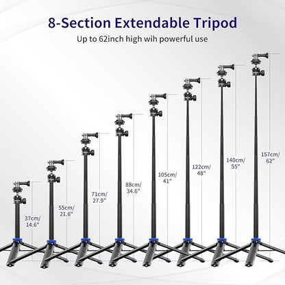 Selfie Stick Tripod for Gopro Camera, 62" Extendable Tripod Stand with 360° Ball Head 1/4" Screw, Portable Lightweight Camera Tripod for GoPro Max Hero 11 10 9 8 7 6 5 DJI OSMO Action Camera