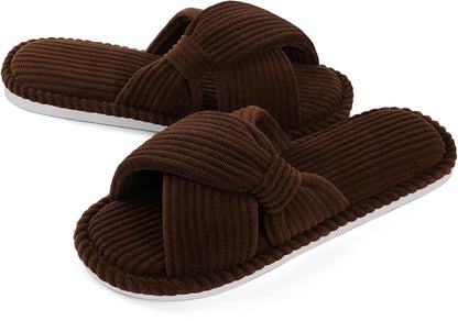 Evshine Summer House Slippers for Women Corduroy Cross Bow Indoor Slippers Open by Evshine