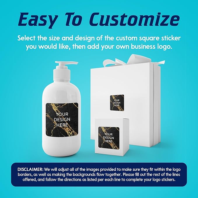 100 Custom Vinyl Stickers - Upload Your own Image, Text, Design, Logo - Personalized Logo Labels for Handmade, Packaging, Bottle, Jars, Candle, Brand Stickers (Black Gold Marble, 3x3 Square)