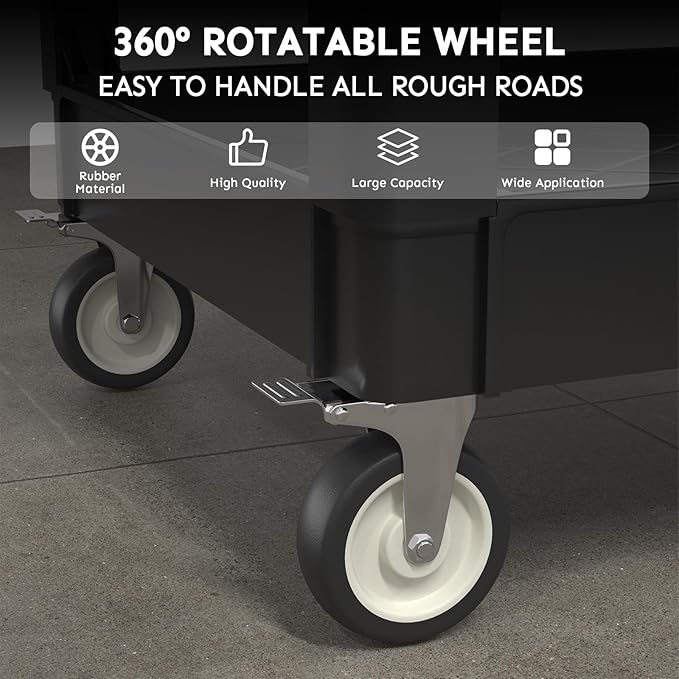 Utility Cart on Wheels, 1000 lbs Capacity Rolling Service Cart, 45 x 25 Inch Work Carts, 2 Shelf Heavy Duty Plastic Tool Cart, Lipped Shelves, for Warehouse, Garage, Cleaning, Black