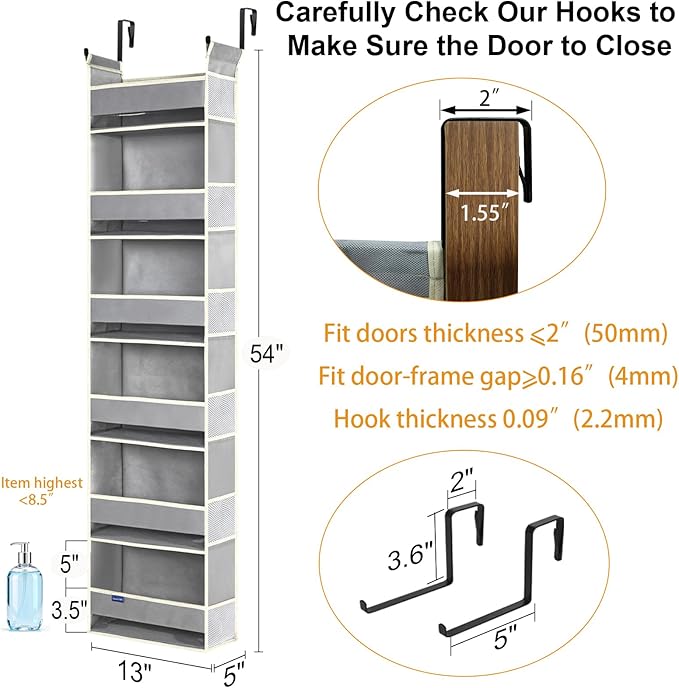 Over The Door Organizer 6-Shelves and 12 Side Pockets, Over The Door Storage for Bathroom Bedroom Nursery, Hanging Door Organizers for Baby Diapers and Kids Toys (13"x5"x54", Grey)