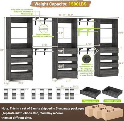 Aheaplus Closet System Set of 3, 138.5" Wood Closet Organizer System Tower - Image 7