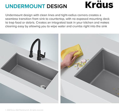 KRAUS Forteza 32-inch Undermount Single Bowl Granite Kitchen Sink in Grey, KGU-55GREY