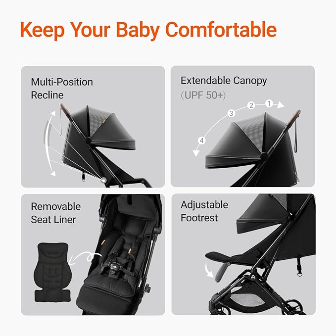 Lightweight Baby Travel Stroller with Carbon Fiber Frame, Compact & Airplane-Friendly, One-Handed Folding Design, 11.6 lbs, Perfect for Toddlers, Organizer & Cushion Included, Jet