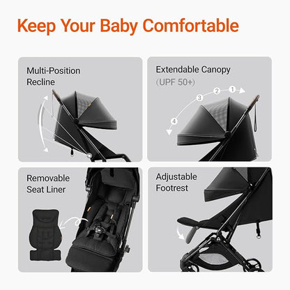 Lightweight Baby Travel Stroller with Carbon Fiber Frame, Compact & Airplane-Friendly, One-Handed Folding Design, 11.6 lbs, Perfect for Toddlers, Organizer & Cushion Included, Jet