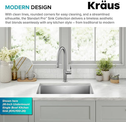 Kraus KHU101-21 Standart PRO 16 Gauge Undermount Single Bowl Set (4 Item Bundle: Sink, Bottom Grid, Drain Assembly, Kitchen Towel), 21 Inch, Stainless Steel