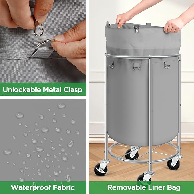 Laundry Hamper with Wheels, 100L Round Rolling Laundry Basket Sorter with Removable Bag, Clothes Cart Organizer with Steel Frame for Bedroom, Bathroom, Laundry Room, Grey