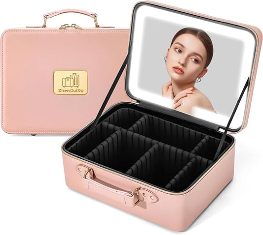 Makeup Bag with LED Mirror & Magnifier, Large Cosmetic Organizer Travel Makeup Case with Adjustable Brightness & 6 Detachable Dividers, Portable Makeup Storage for Women Girls (Pink)
