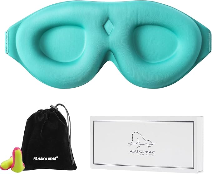 ALASKA BEAR 100% Blackout Sleep Mask for Women and Men, 3D Pillowy Soft Light Blocking Eye Mask with Contoured Eye Cups, Earplugs Set, Blue