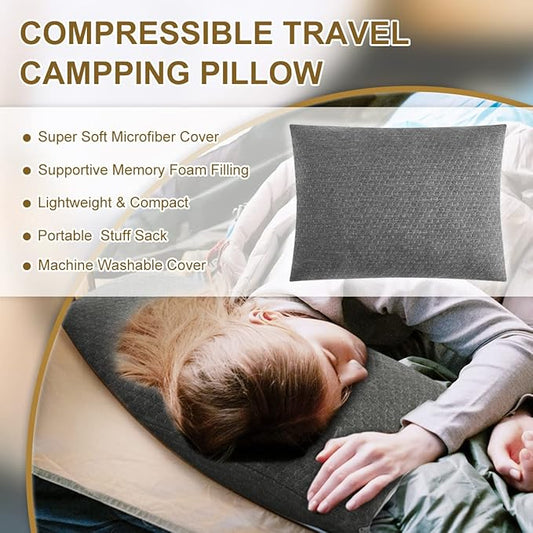 Ivellow Travel Pillow Compressible Camping Pillow for Sleeping Shredded Memory Foam Pillow Compact Firm Supportive for Adults Kids Outdoor Backpacking Hiking Essential Gear