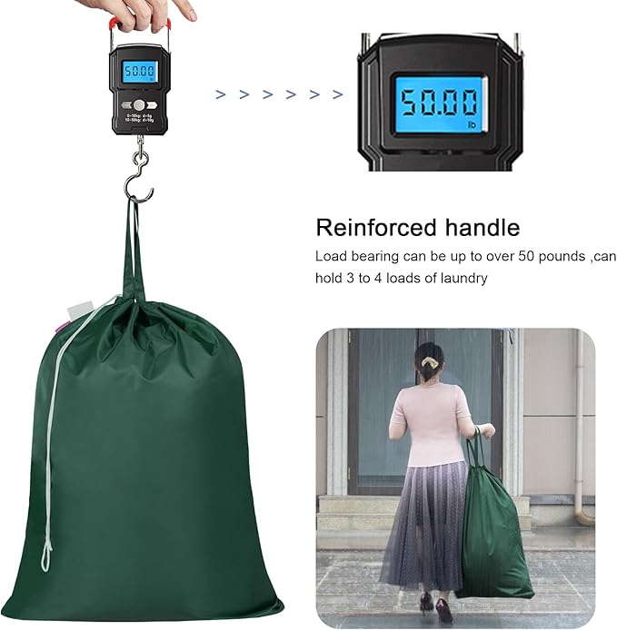 Polecasa Heavy Duty Large Laundry Bag with 130gsm Tear Resistant Fabric and Handles, Easy to Carry Durable Dirty Clothes Drawstring Bag, Perfect for College Dorm,Travel, 2 Pack 28”x36”,Green