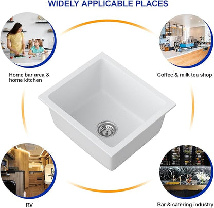 Dcolora 18 Inch Undermount Small Bar Sink Single Bowl Kitchen Sink White Granite Composite Wet Bar Sinks 18"W×16"D×9"H,DC-GUW002