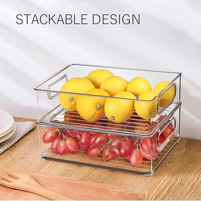 12 Pack Refrigerator Organizer Bins, 3 Sizes Stackable Clear Pantry Storage with Handles and 30 PCS Plastic Bags for Fridge, Freezer, Shelves, Drawer, Snack Organizer for Home & Kitchen