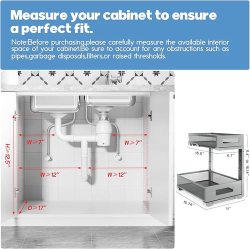 1 Pack-11.4"-16.14" H Under Sink Storage Organizer, Large 2-Tier Elegant Mesh Pull Out Shelf for Kitchen & Bathroom Cabinet Organization, L-Shaped, Adjustable Height-Gun Gray