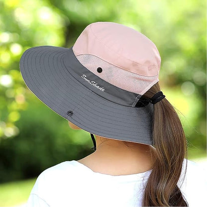 ZOORON Women's Ponytail Safari Sun Hat,Wide Brim UV Protection Outdoor Bucket Hat,Foldable Beach Summer Fishing Hat