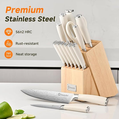 Sunnecko Knife Set with Block and Sharpener, 15 Piece Kitchen Knife Block Set - Image 3