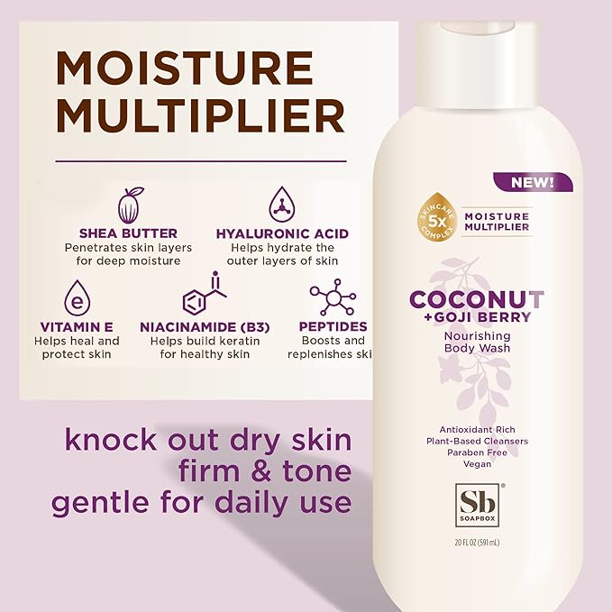 Soapbox Body Wash, Coconut + Goji Berry Body Wash for Women, Men, Vegan + Antioxidant Rich Moisturizing Soap with Shea Butter, Peptides & Keratin Promoting B3, 3 Pack, 20oz Each