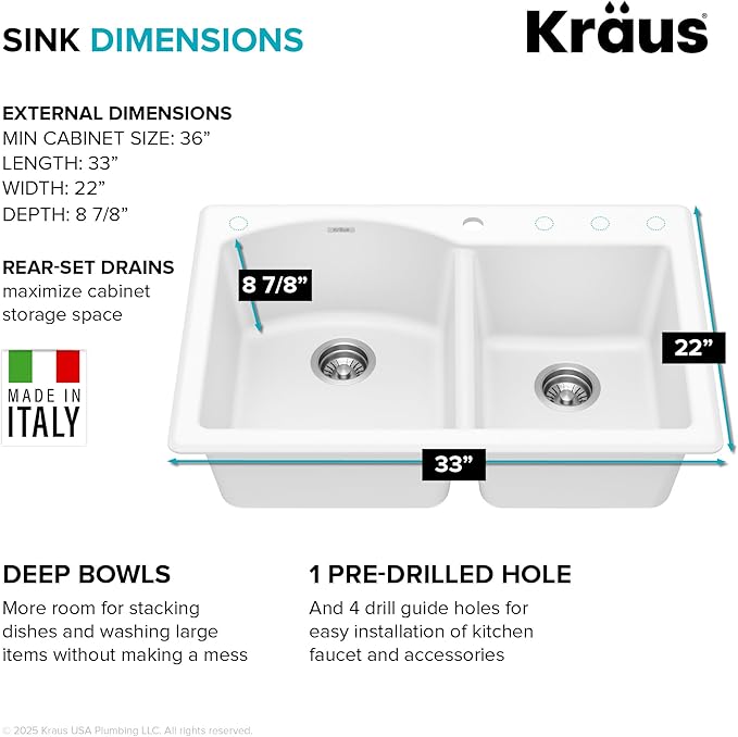 KRAUS Forteza 33-inch Granite Drop In/Undermount 60/40 Double Bowl White Kitchen Sink, KGD-50WHITE