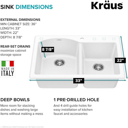 KRAUS Forteza 33-inch Granite Drop In/Undermount 60/40 Double Bowl White Kitchen Sink, KGD-50WHITE