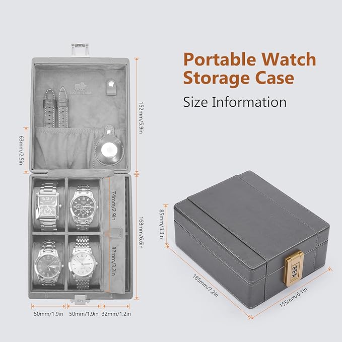 BISON DENIM Watch Box, 4 Watch Travel Case with Combination Lock - PU Leather Men's Watch Storage Box & Jewelry Organizer with Ring Slots & Necklace Hooks, Secure Travel Case, Grey