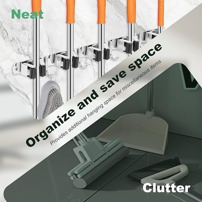 2Pcs 5 Racks 4 Hooks Stainless Steel Broom Mop Holder Anti Slip Wall Mount - Image 5