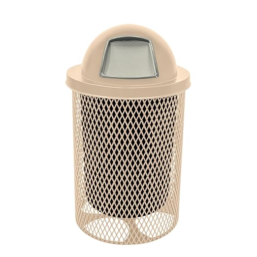 COATEDOUTDOORFURNITURE RDT-TAN Heavy Duty 32 Gallon Round Trash Receptacle, Liner Included, Tan with Dome Lid, Made in America
