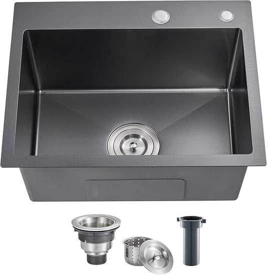 POPFLY 23 x 18 Inch Drop in Kitchen Sink, 304 Stainless Steel Overmount Single Bowl 9 Inch Deep Small Rv Sink Handmaed Bar Prep Top mount Utility Sink, Black